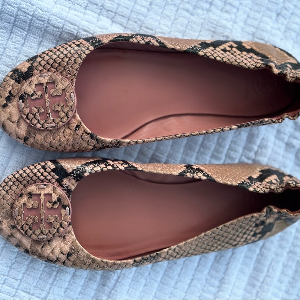 Tory Burch Snakeskin Pattern Ballet Flats - Black & Pink-Size 10